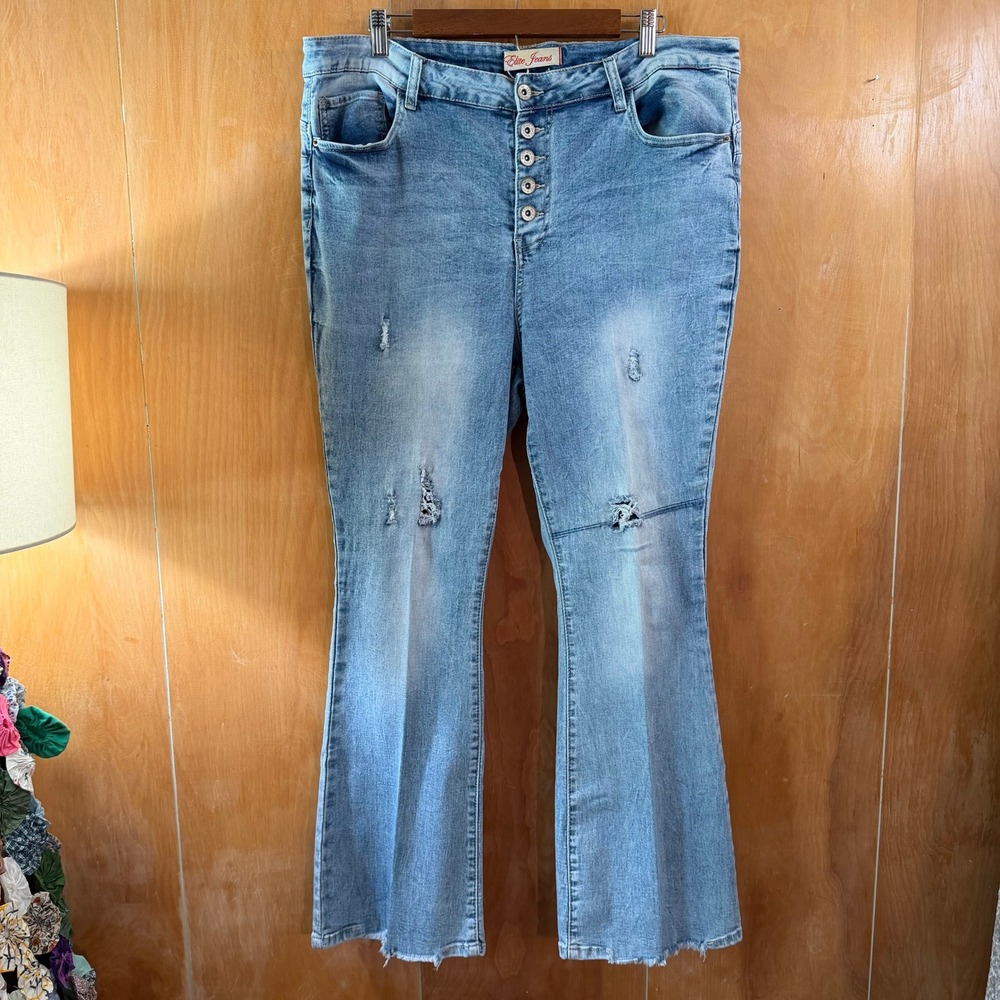 Elite Jeans Womens Light Wash Distressed High Rise Button Fly Flare Jeans
